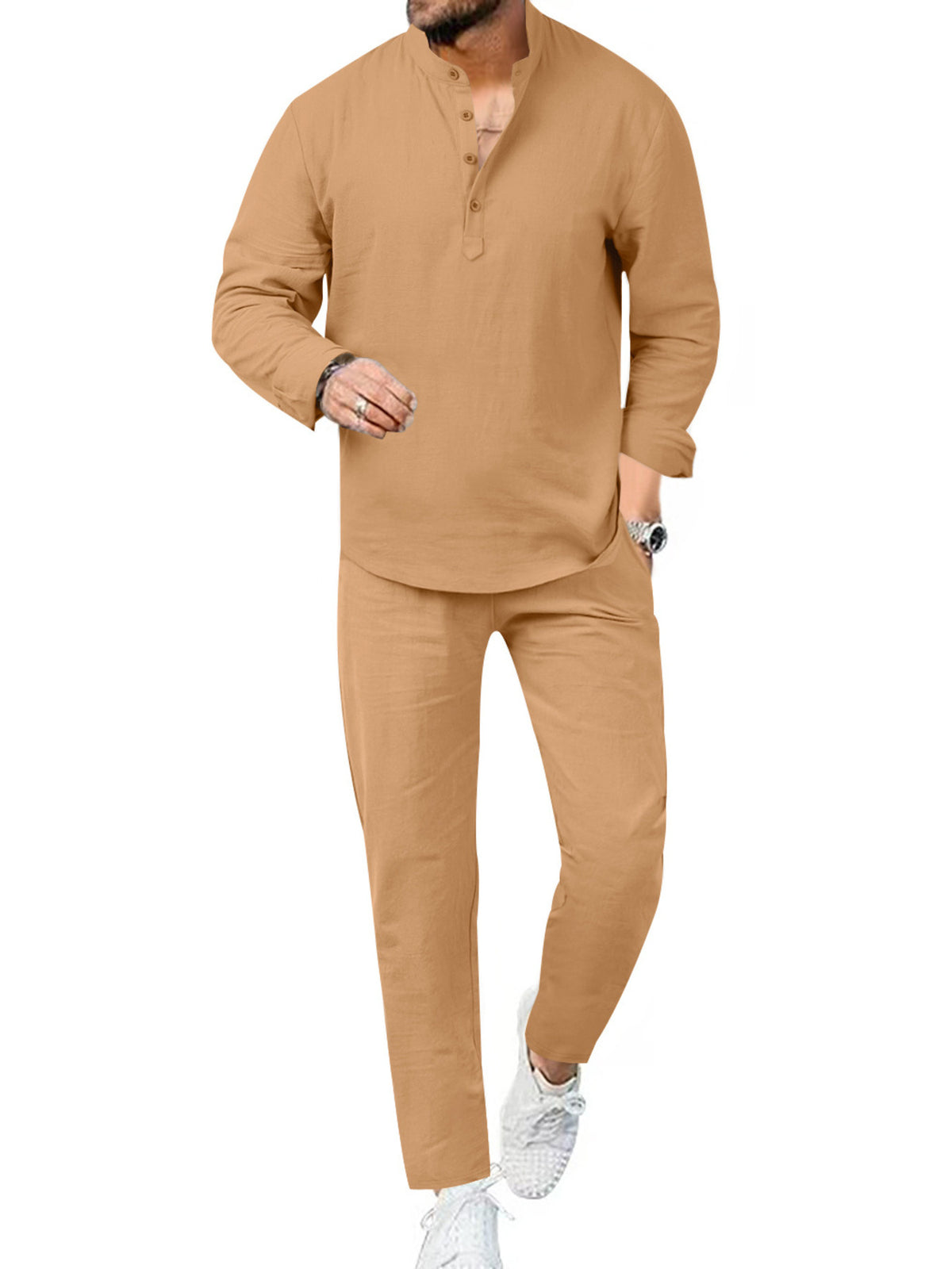 Men's full-size casual long-sleeve shirt and pants set in tan, plus size