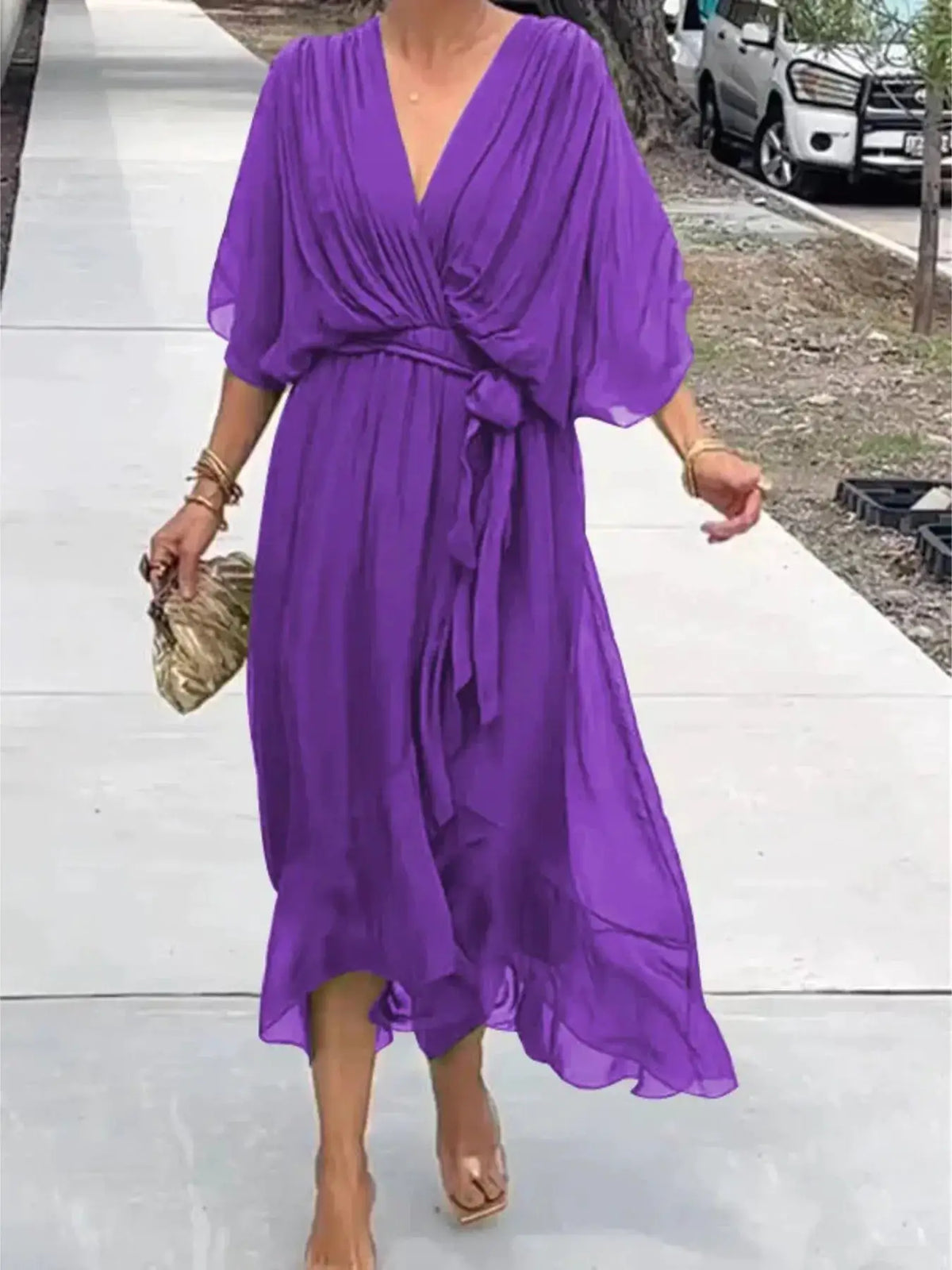 Dress: Trendsi plus-size purple flowy tie-front midi dress with flutter sleeves