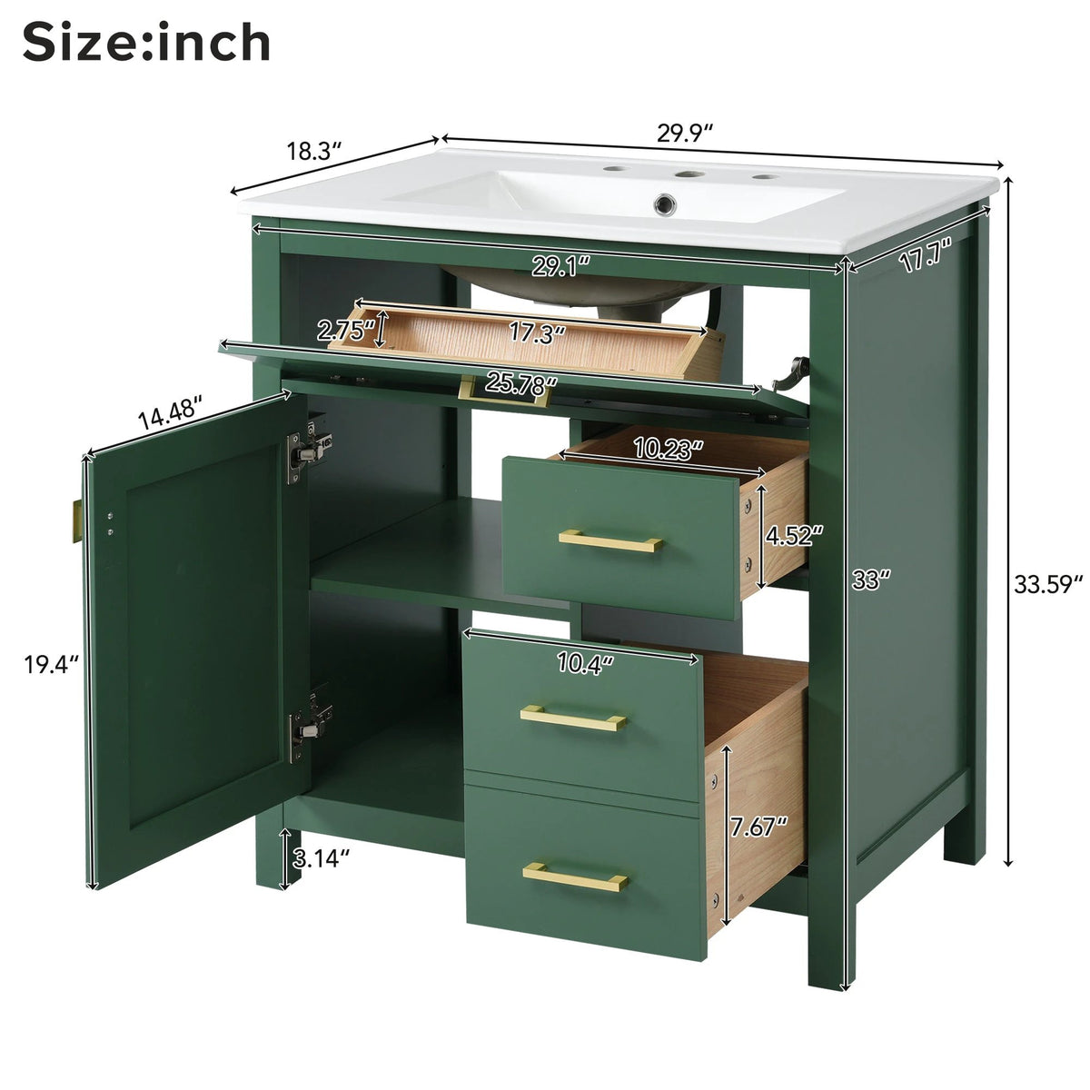 30-Inch Green Bathroom Vanity with Ceramic Sink and Ample Storage - Ideal Choice for Small Bathrooms by eprolo