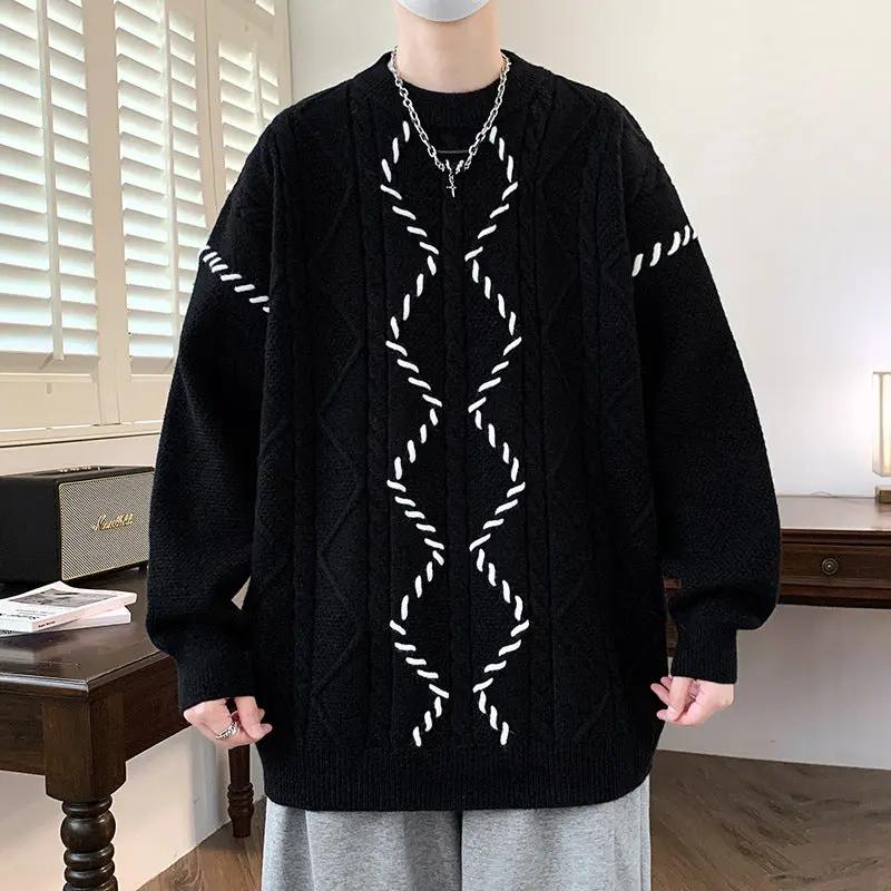 Mens premium cotton blend crewneck sweater in black with white rope-knit pattern, modern fit