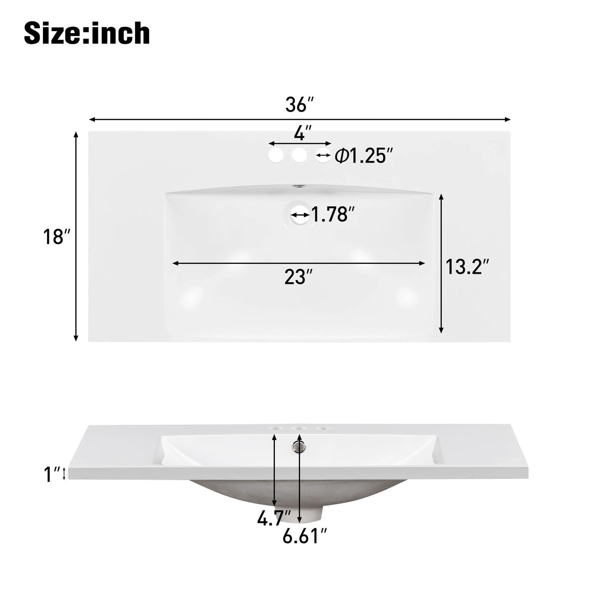 36" Single Bathroom Basin Sink, Vanity Top Only, 3-Faucet Holes, Resin by eprolo