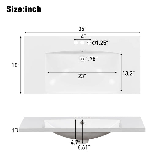 36" Single Bathroom Basin Sink, Vanity Top Only, 3-Faucet Holes, Resin by eprolo