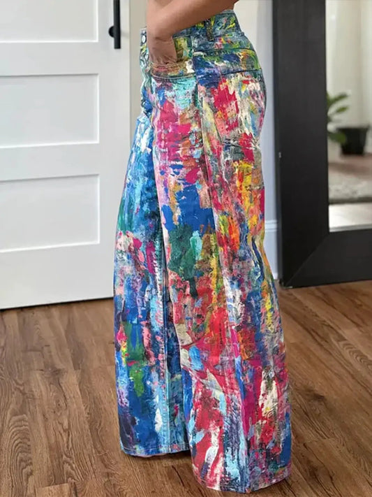 Painted wide-leg pants with multicolor paint-splatter pattern by Trendsi.