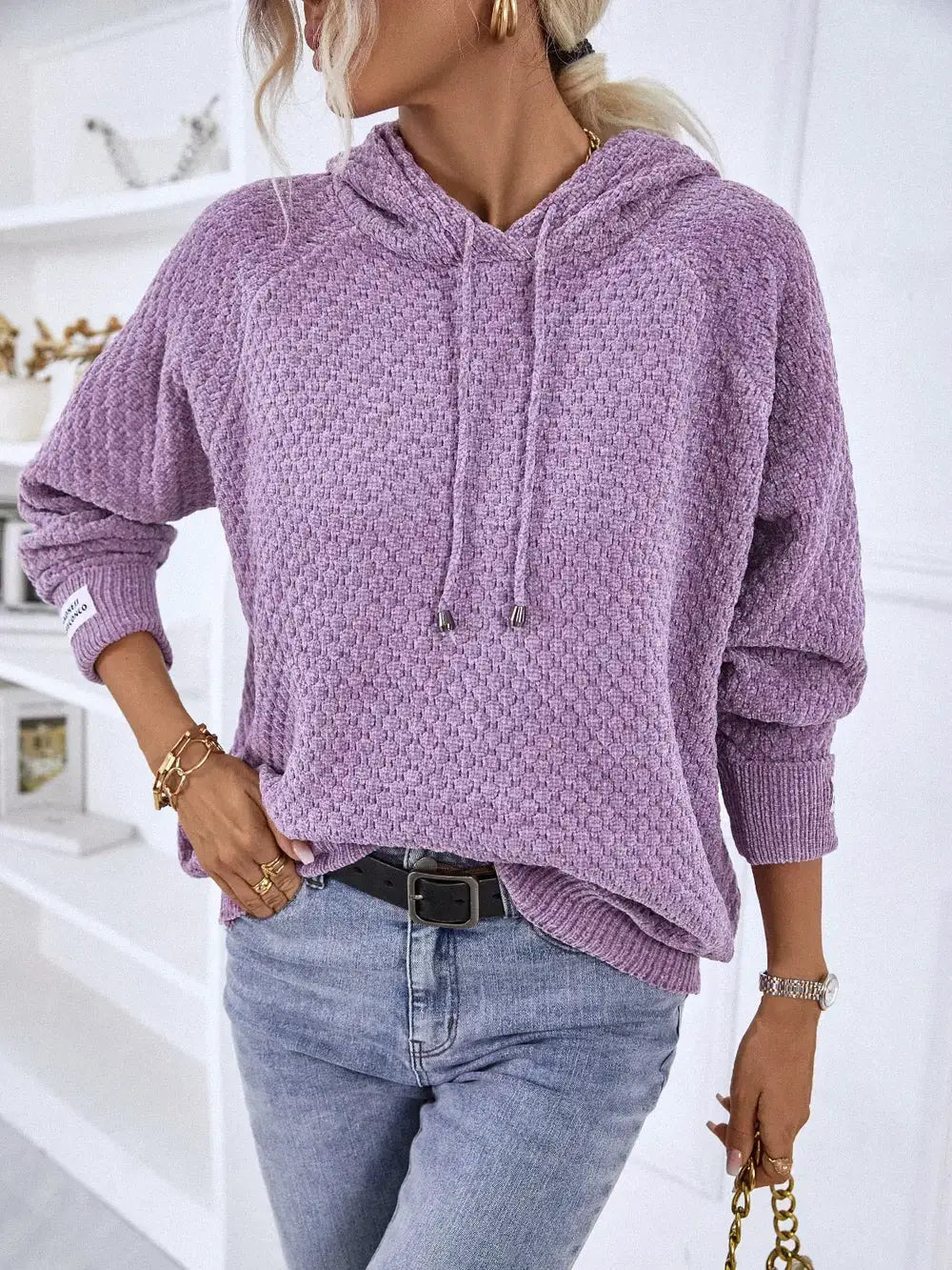 Textured lavender drawstring hoodie sweater, long sleeves, premium polyester by Trendsi