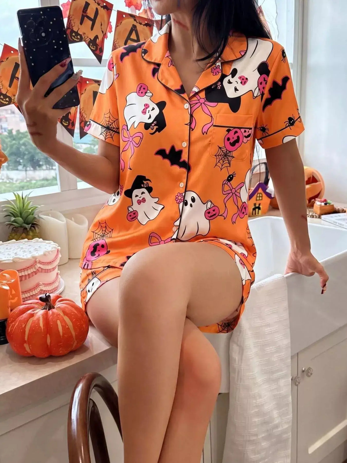 Halloween Ghost Print Button-Down Top and Shorts Lounge Set, 2-piece, orange with white ghosts and pumpkins, by Trendsi