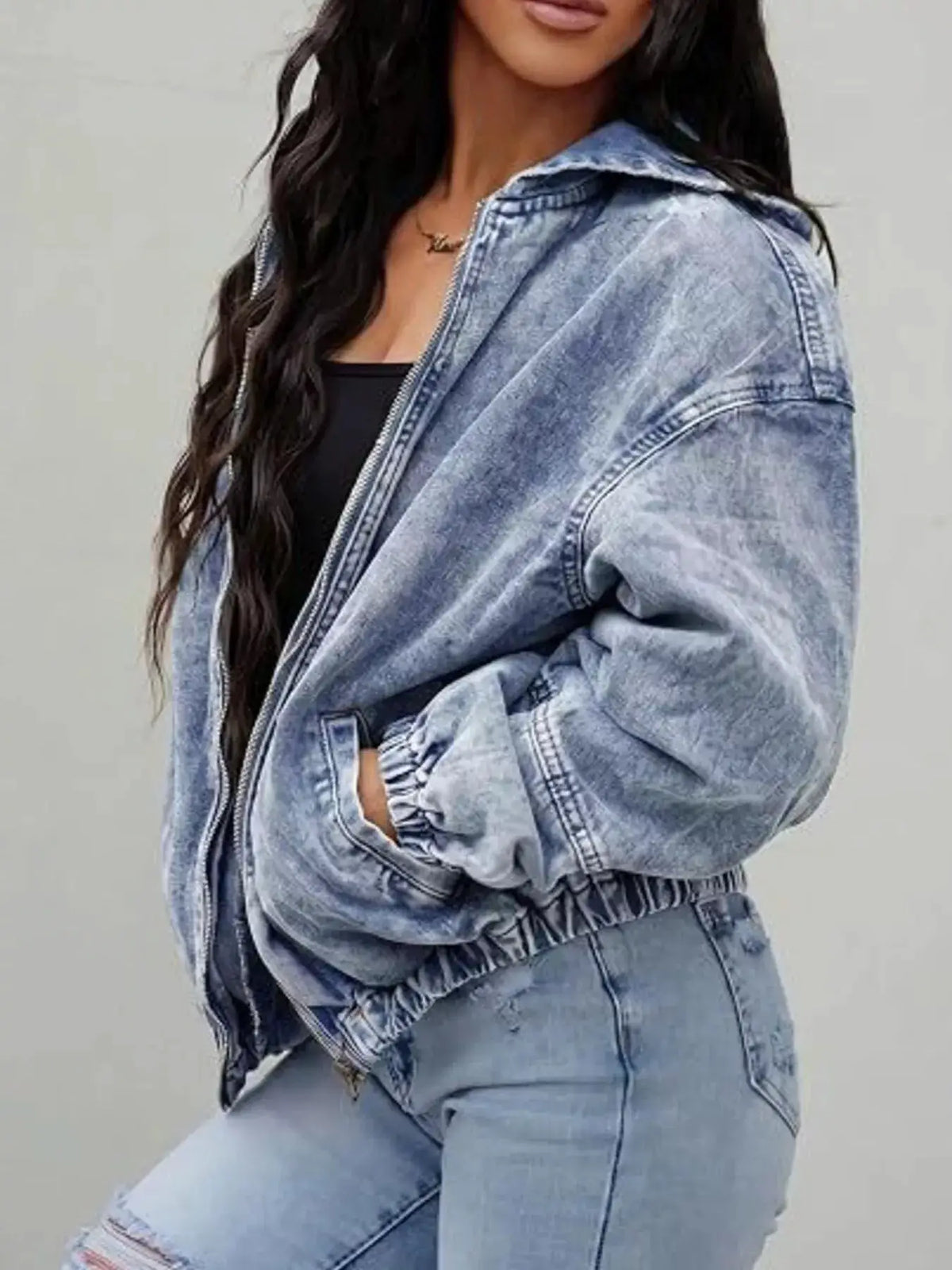 Premium vintage washed oversized denim jacket with zip front in light blue