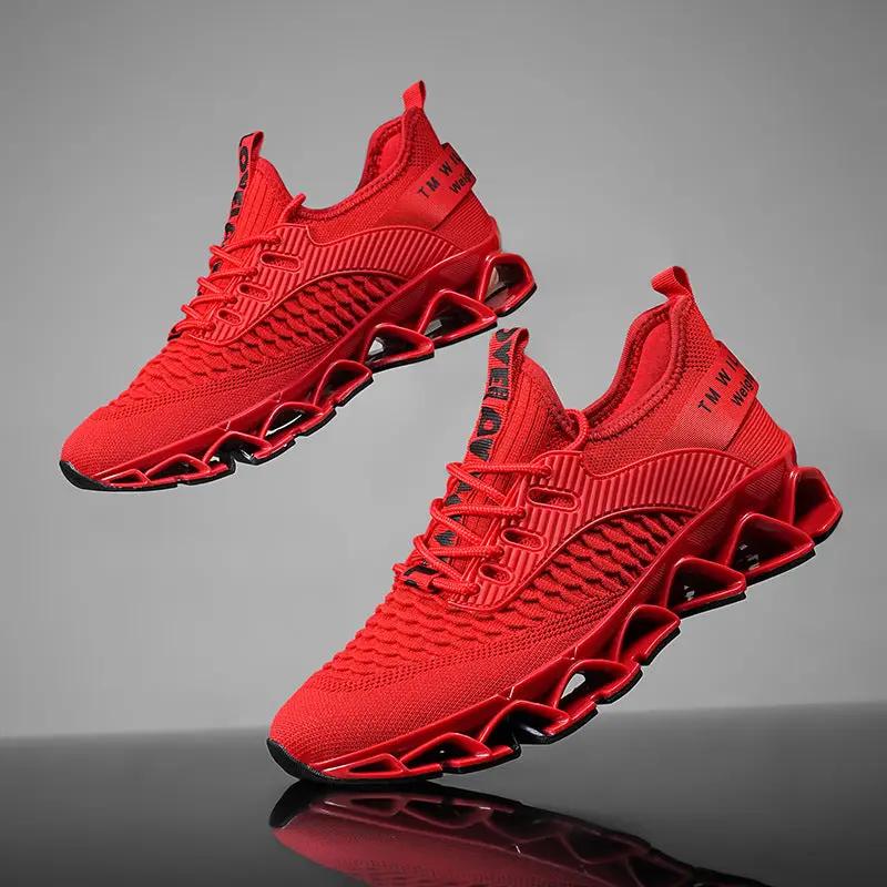 Blade Premium Mesh Running Shoes with Subtle Lightning Trim, red mesh upper, two shoes.