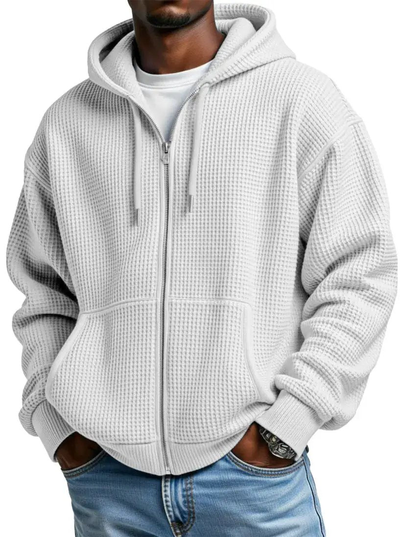 Mens warm zip-up hoodie by AdTec with kangaroo pockets and ribbed cuffs in light gray knit