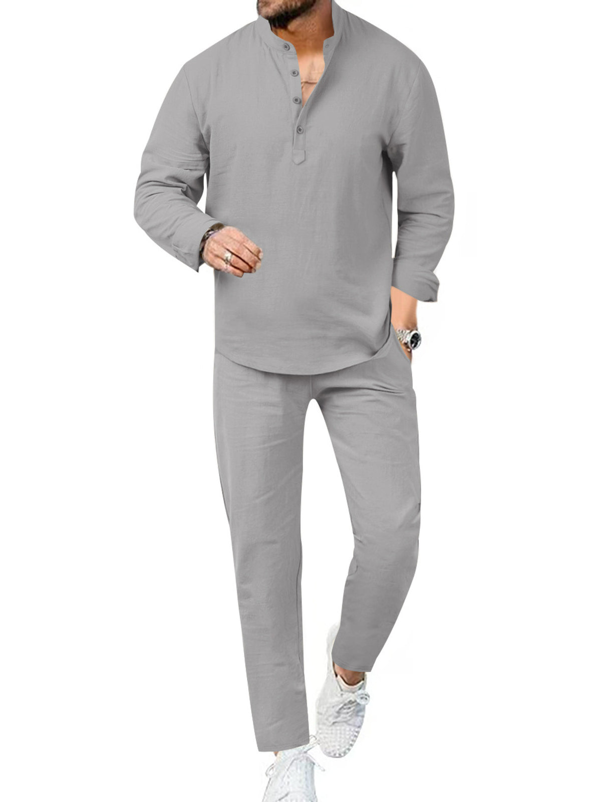 Men's full-size casual long-sleeve shirt and pants lounging set in light gray