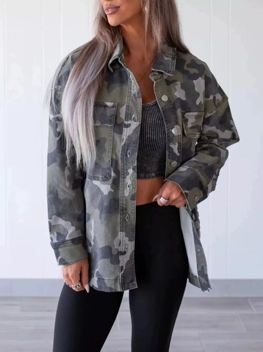 Trendsi camouflage denim jacket with button-front closure and utility chest pockets in olive-green camo print