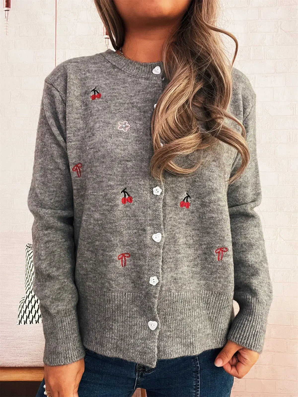 Ribbed button-front knit cardigan in gray heather with cherry and flower embroidery and heart-shaped buttons