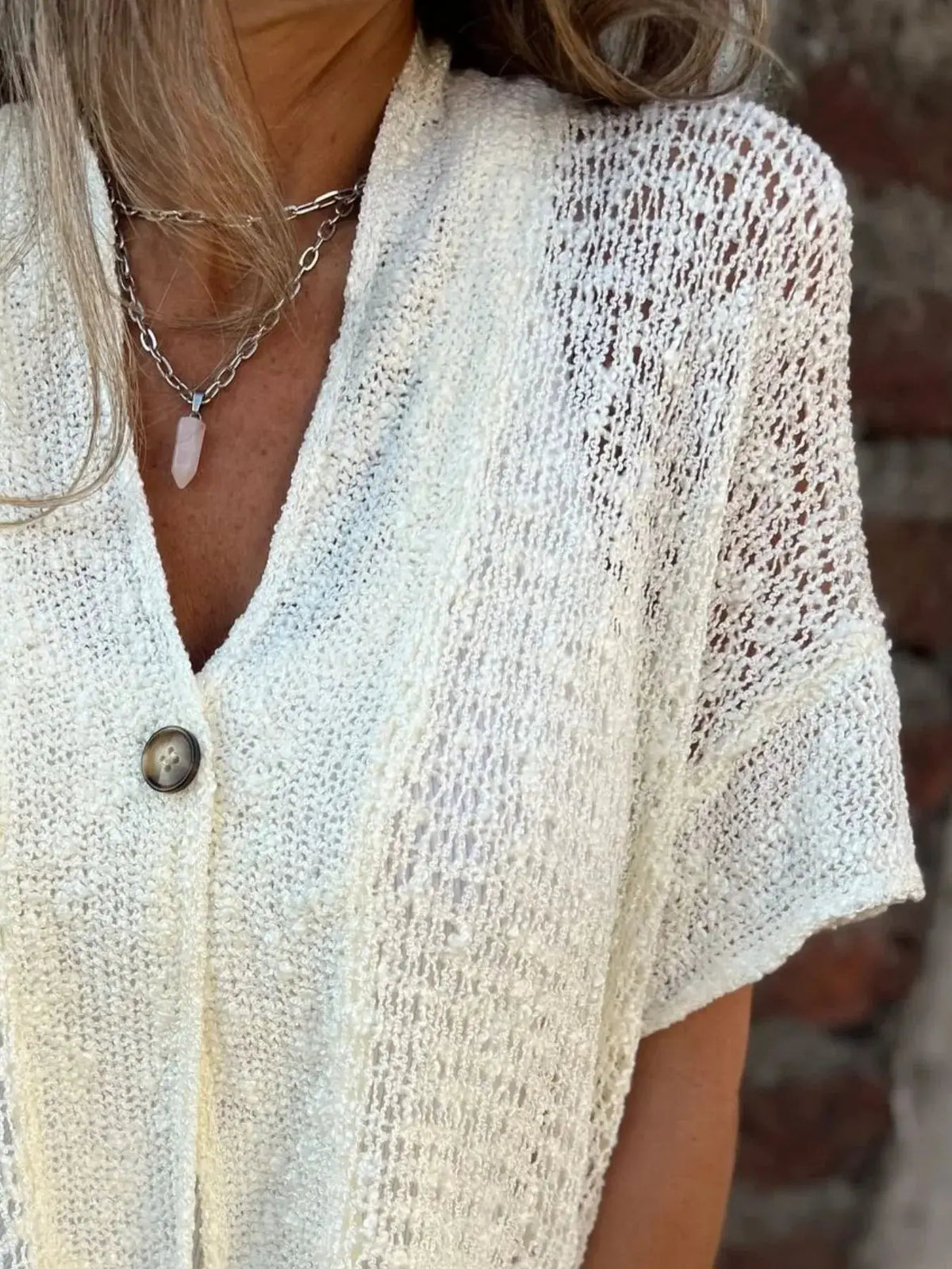 Plus Size One Button Openwork Sheer Knit Cardigan in cream by Trendsi