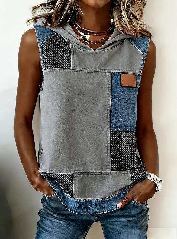 Vintage patchwork denim hooded sleeveless vest crop top with grey-blue panels and a brown leather patch.
