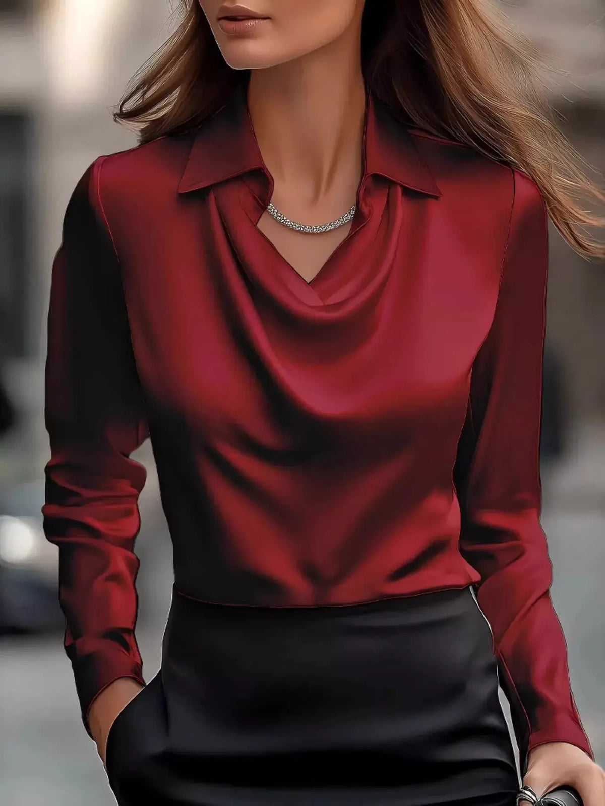 Plus-size satin blouse with a draped cowl-neck in burgundy red, long sleeves.