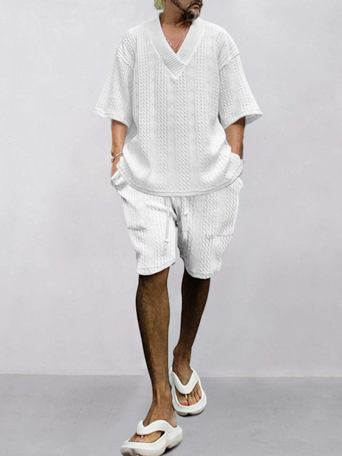 Men's white knit V-neck short-sleeve top and shorts set, plus size, breathable Trendsi loungewear.