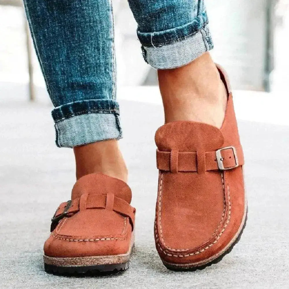 Pair of Round Toe Low Heel Buckle Loafers in rust suede with buckle strap