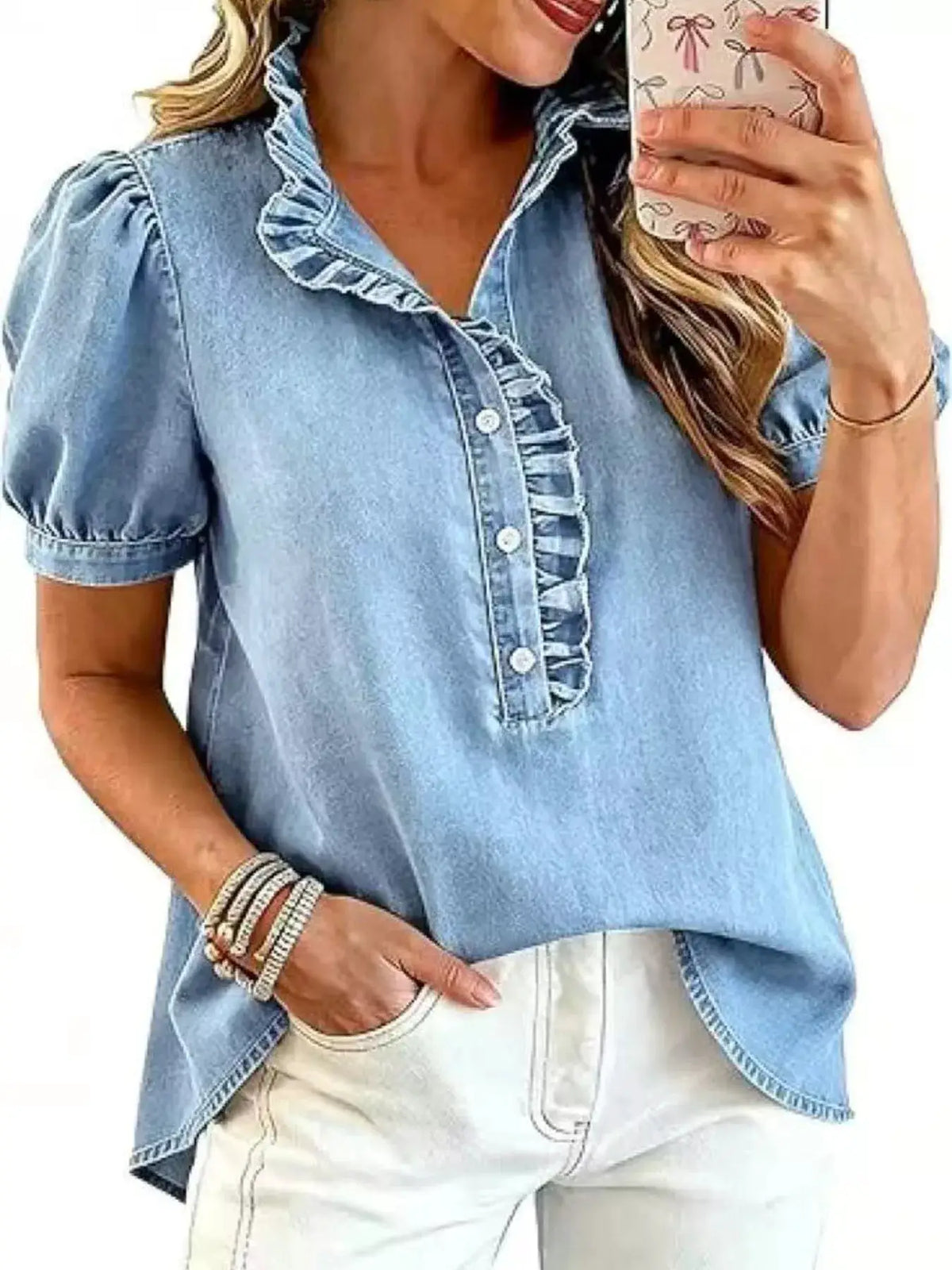 Frill Puff Sleeve Denim Top with Front Button Closure in light blue denim
