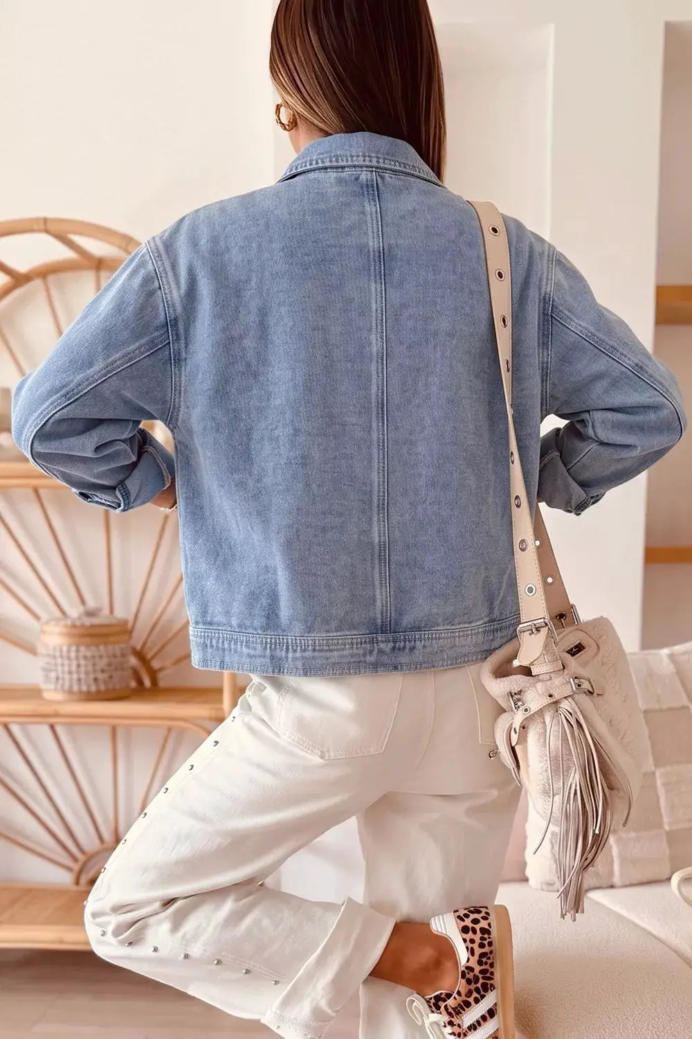 Long Sleeve Studded Metal Zipper Denim Jacket with Rivet Pockets by Trendsi, light-wash denim trucker jacket