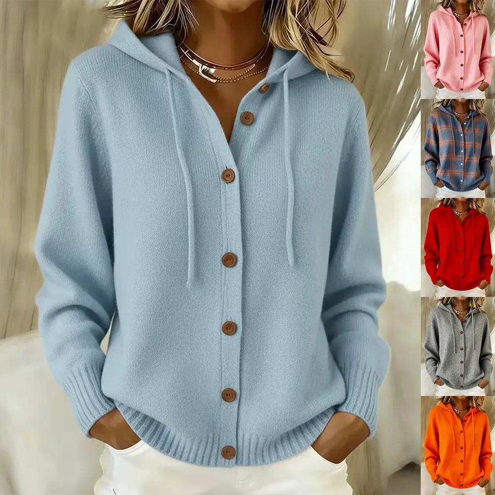 Womens relaxed fit hooded cardigan in light blue thick knit with brown buttons, shows five color options