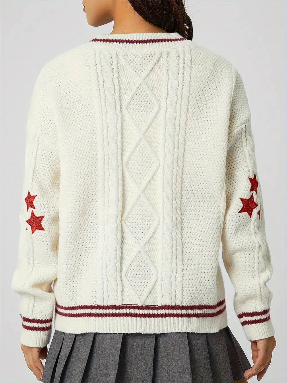Women's star-embroidered white knit cardigan with red stripe trims on hem and cuffs by Trendsi