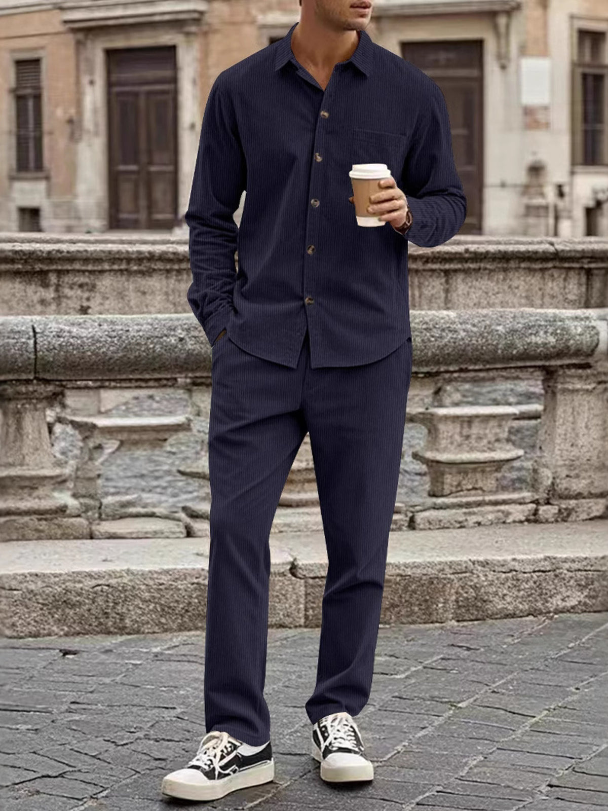 Men's plus-size navy pinstripe 2-piece long-sleeve shirt and pants set