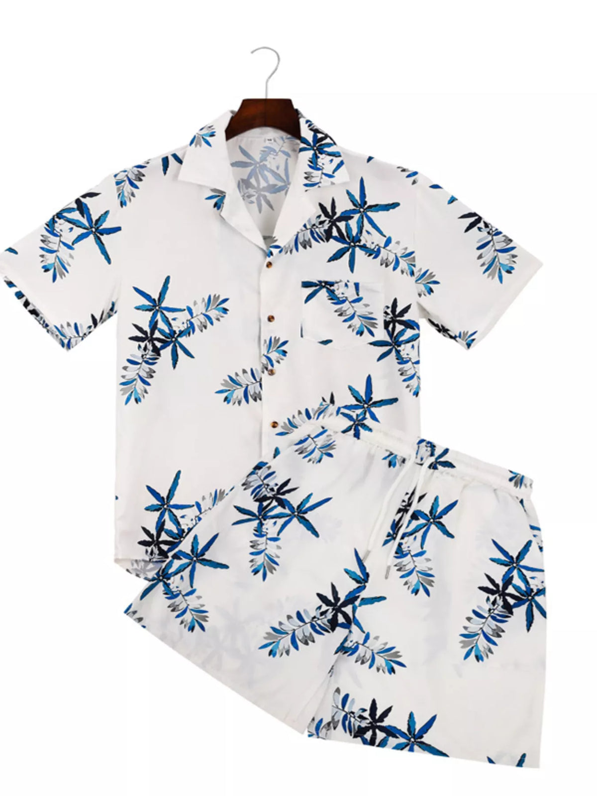 Men's tropical print short-sleeve shirt and matching shorts set in white with blue palm leaves (Plus Size)