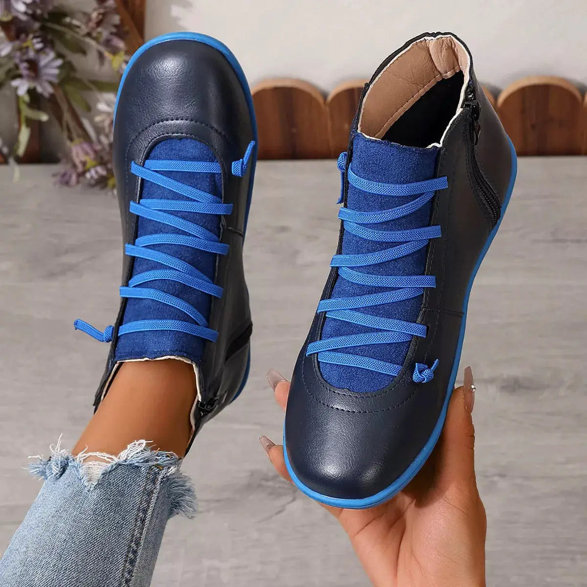 Lace-Up Faux Leather Ankle Boots, navy with bright blue laces and blue sole, pair