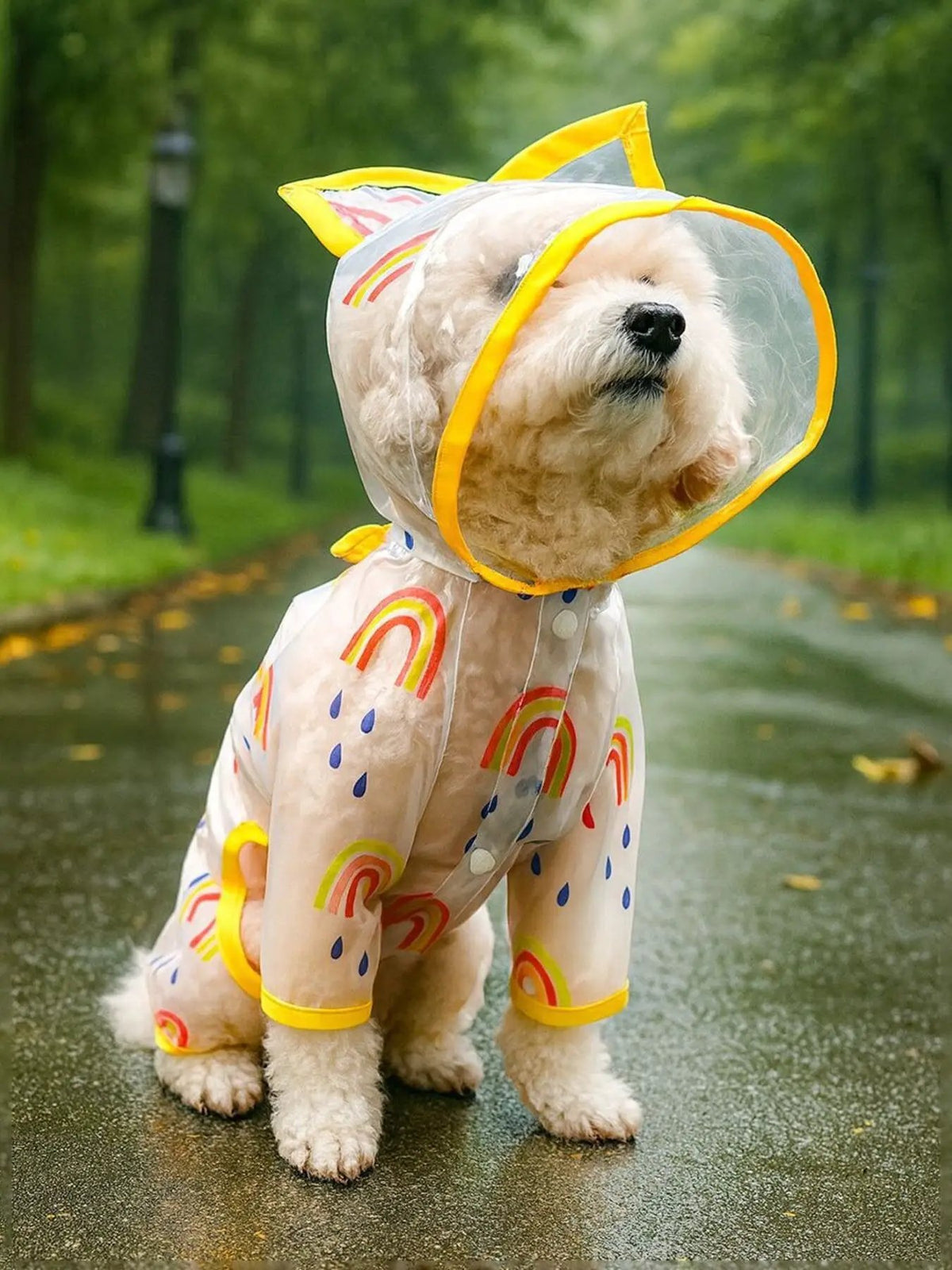 Lightweight waterproof pet raincoat; clear poncho with yellow trim, rainbow prints and blue raindrops on a fluffy dog.