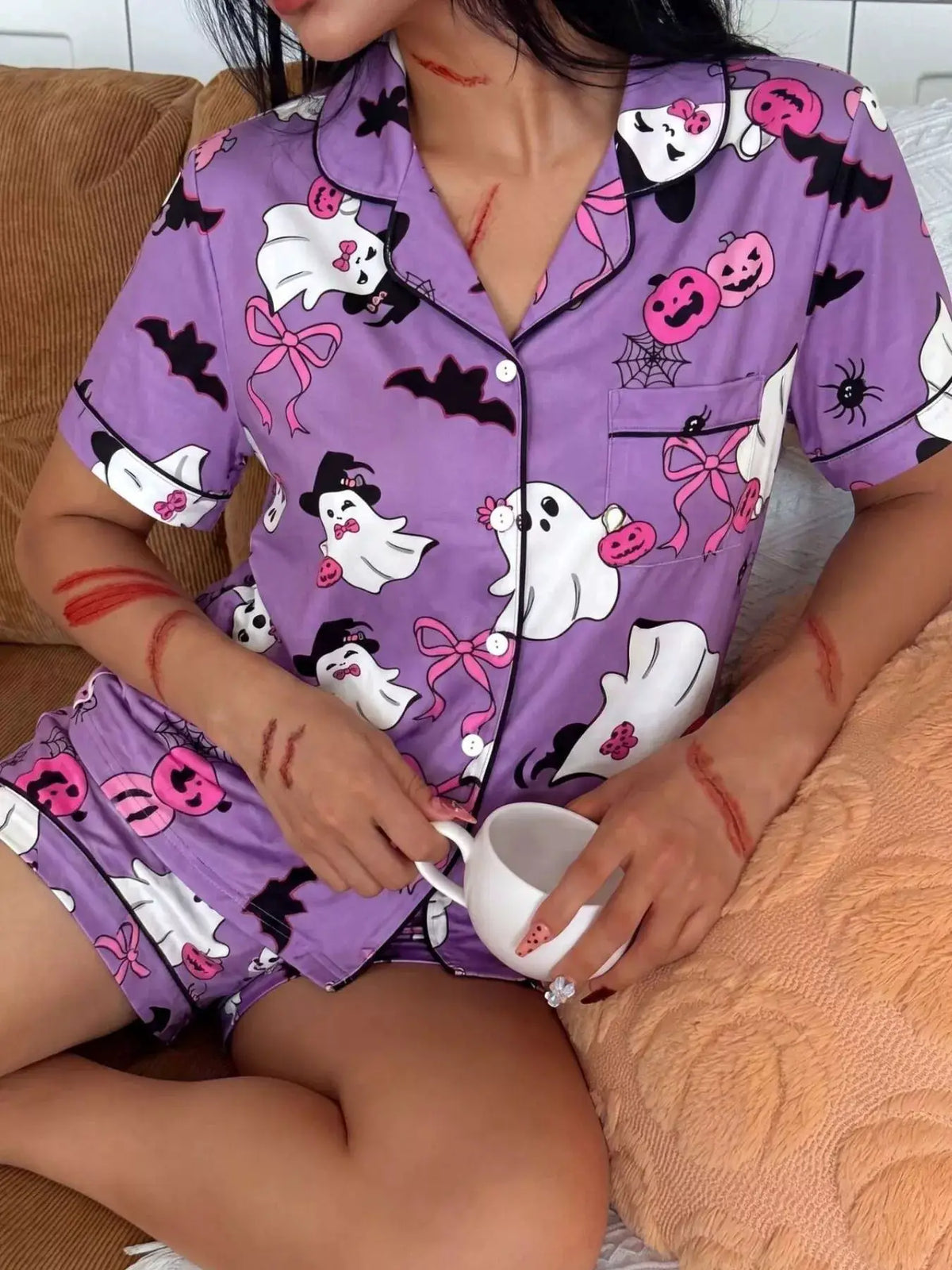 Halloween Ghost Print Button-Down Top and Shorts Lounge Set in purple by Trendsi