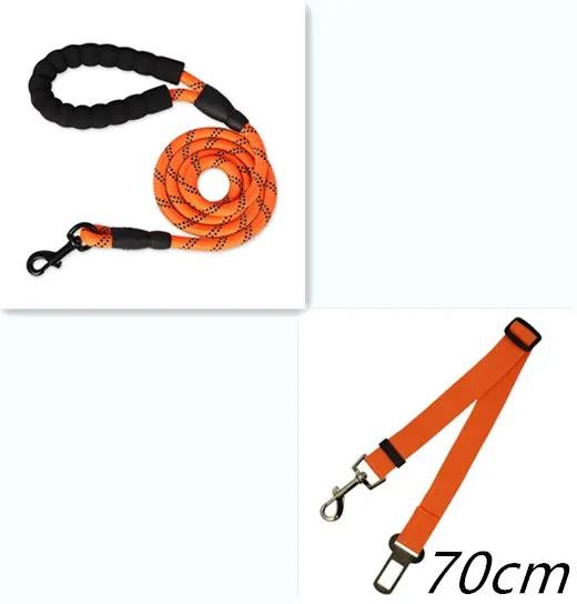 Reflective dog leashes 2-pack by AdTec: orange rope leash with black handle and orange adjustable strap leash.