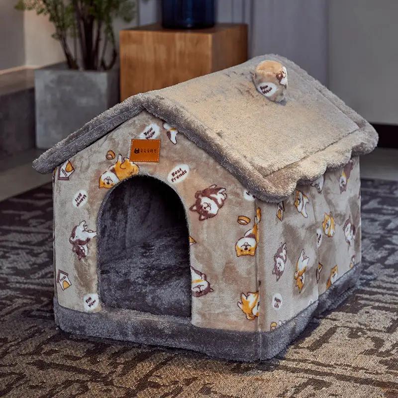 Foldable plush dog house and cat bed by AdTec in beige with gray trim