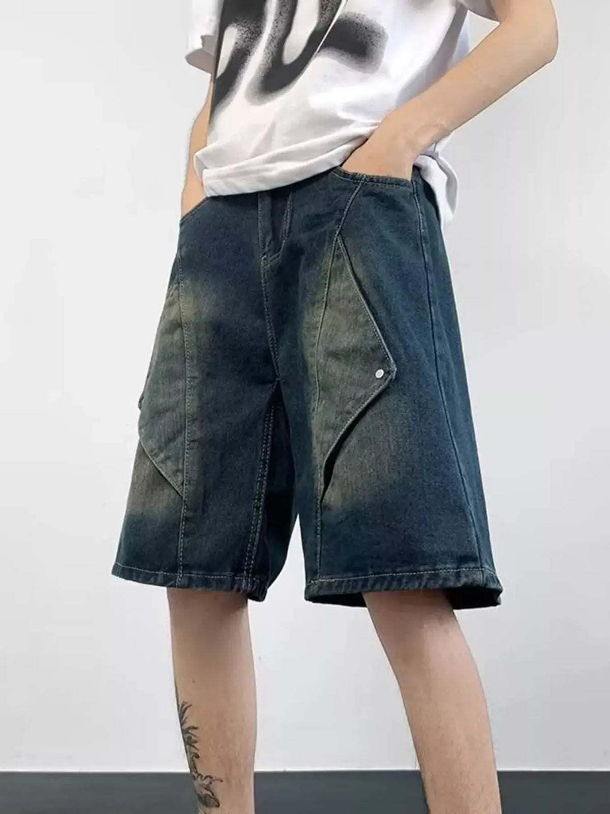 Mens plus size washed denim shorts with soft cotton stretch pockets in dark blue, knee-length.