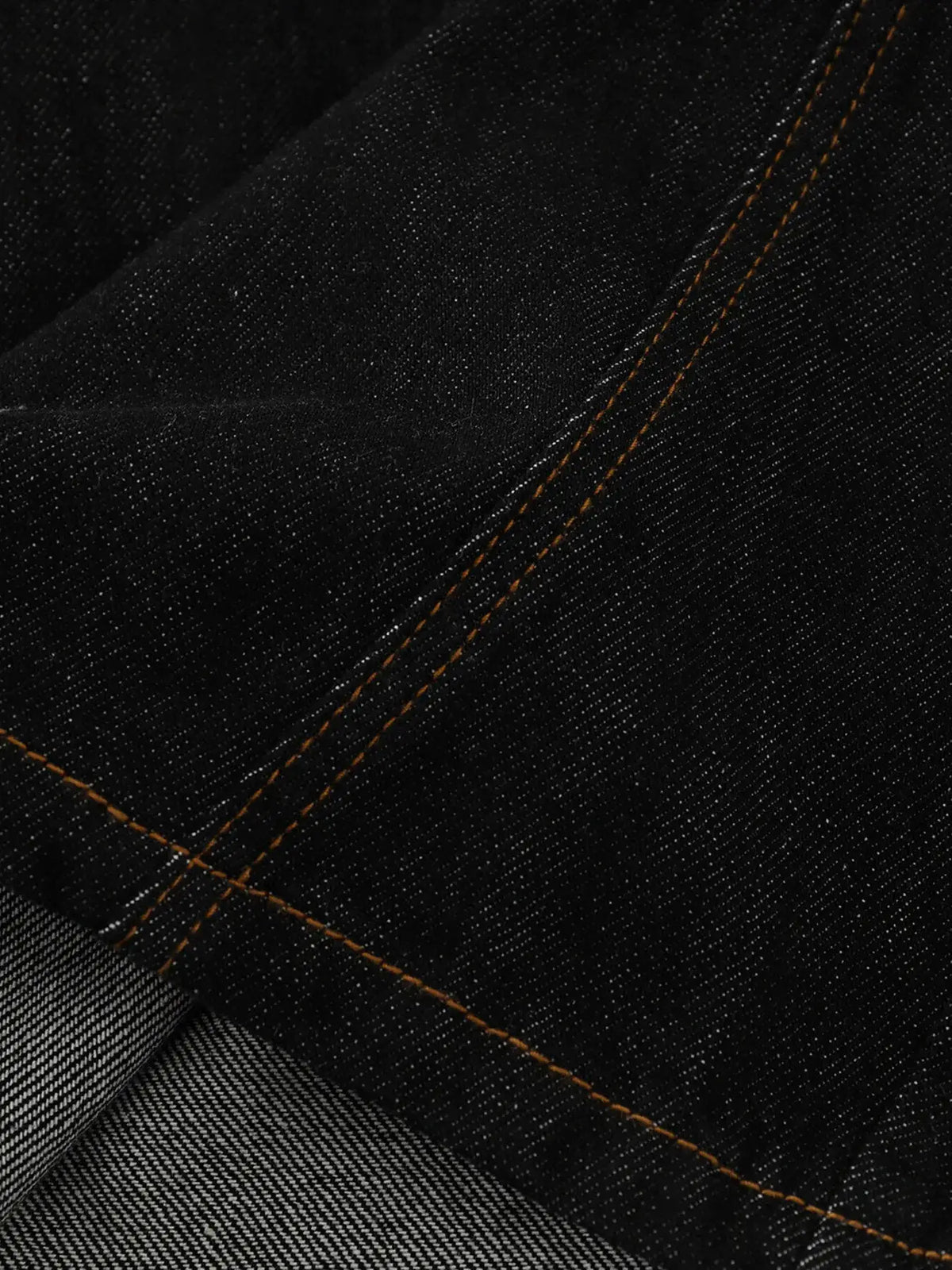 Men's wide-leg denim shorts fabric close-up; dark indigo denim with orange contrast stitching