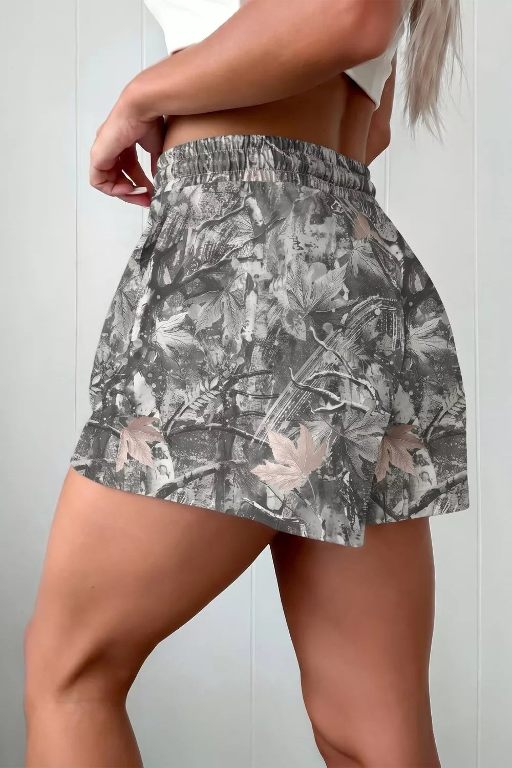 Abstract Maple Leaf Printed Tie Waist Shorts with elastic waist and drawstring, gray/black, Trendsi