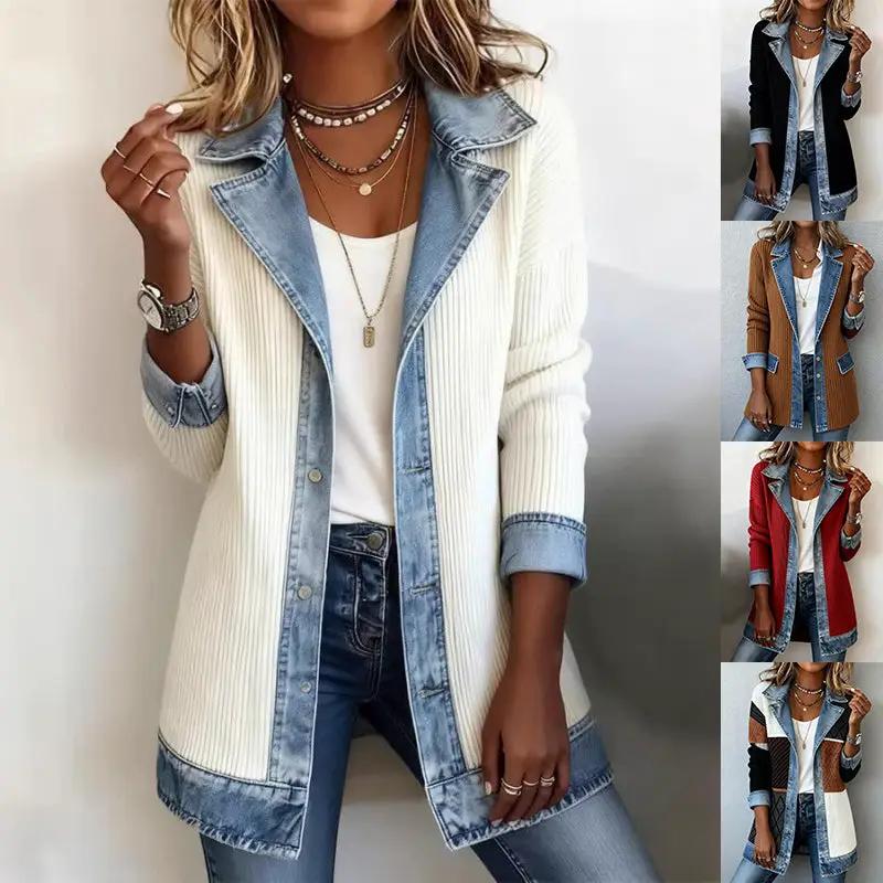 Women's patchwork denim jacket with cream knit body and light blue denim panels; five colorways shown
