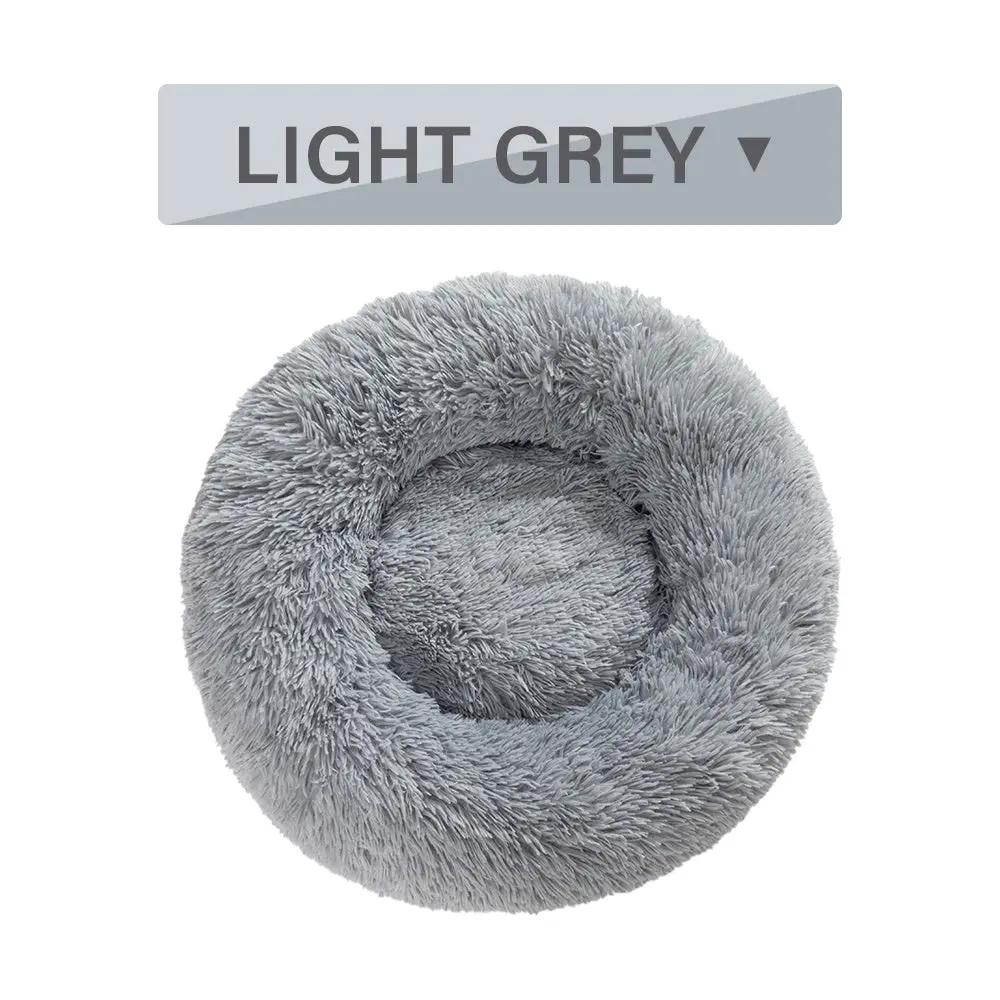 Fluffy donut dog bed in light grey long plush, washable cushion for dogs and cats by AdTec