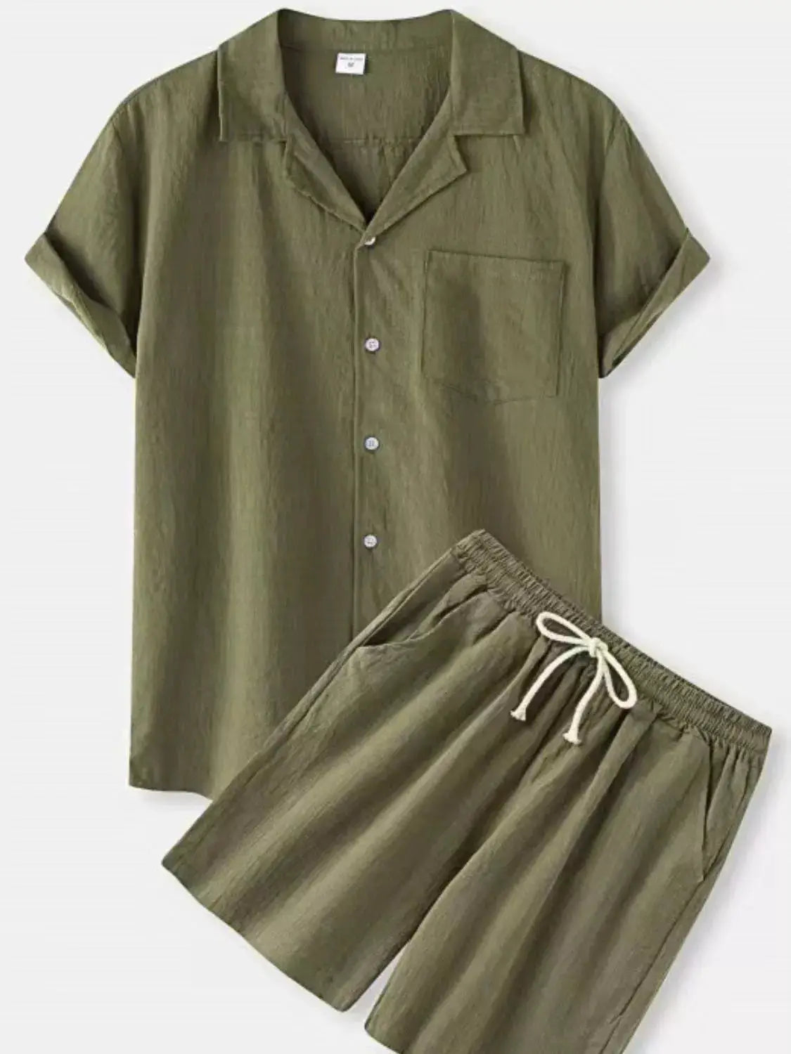 Trendsi men's 100% cotton two-piece button-up short-sleeve shirt and olive-green shorts set