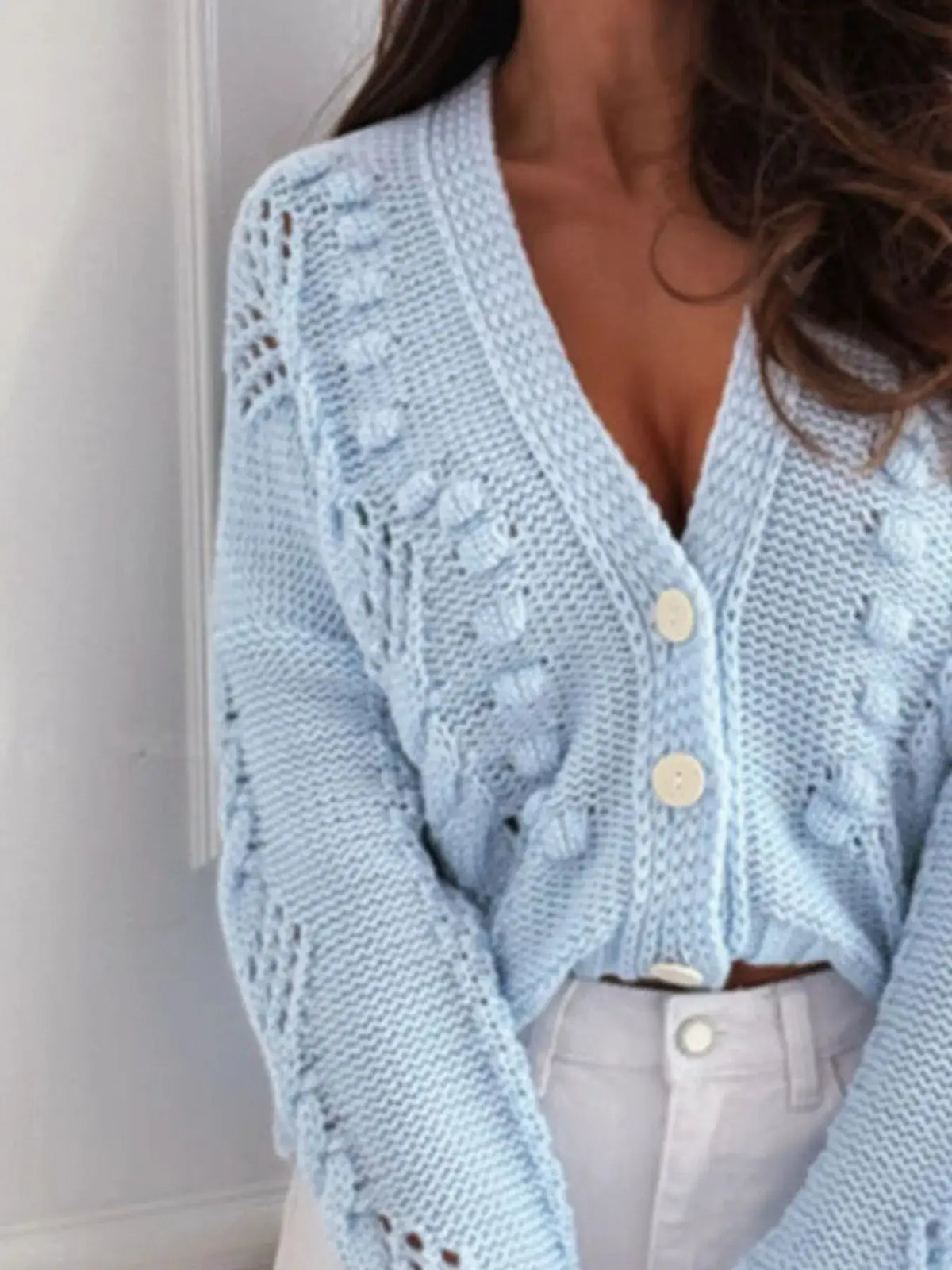 Button Up V-Neck Openwork Knit Cardigan in light blue polyester with cream buttons