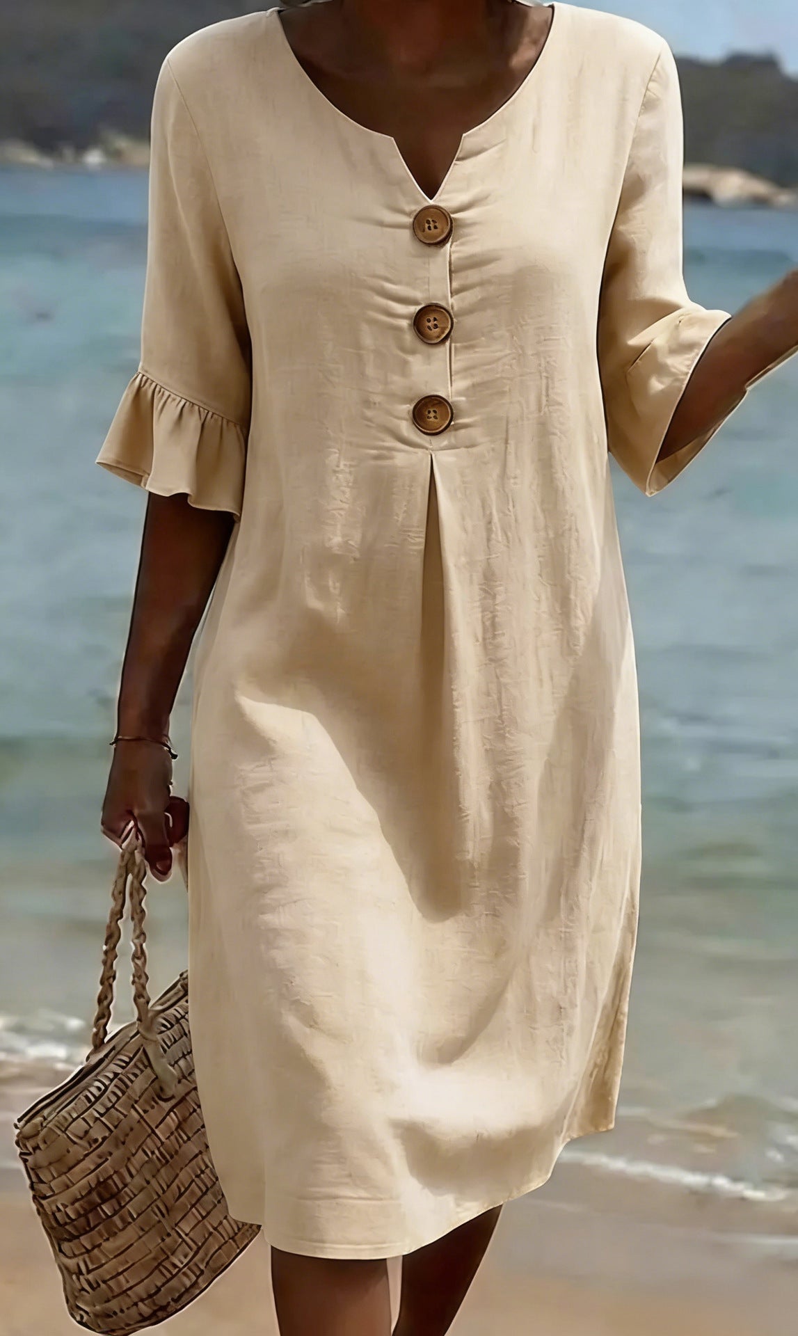 Summer women's beige cotton dress by AdTec with front button-down placket and ruffled sleeve cuffs