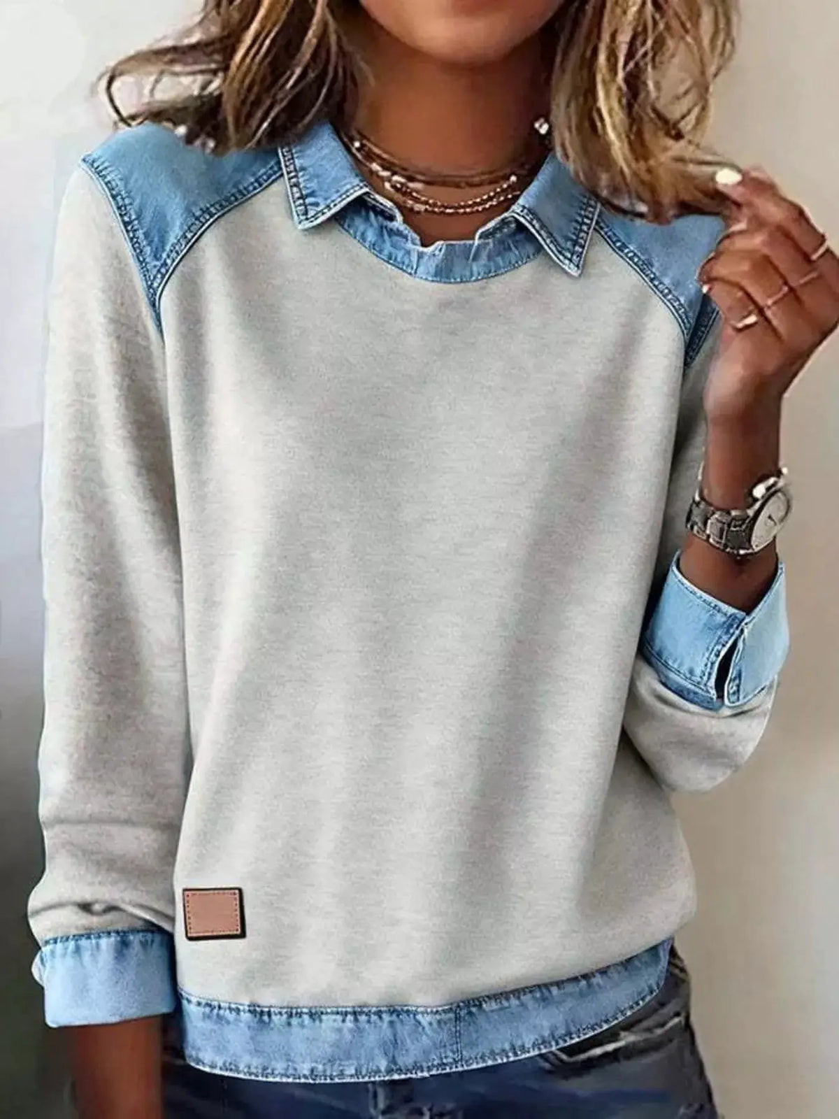 Classic Plus Size Long Sleeve Top with Denim Trim Overlay; heather gray body with light blue denim collar and cuffs