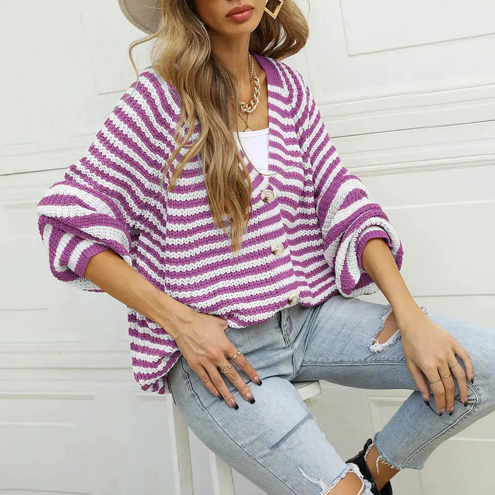 Premium striped button-front cardigan in purple and white, long sleeve, oversized, soft stretchy knit