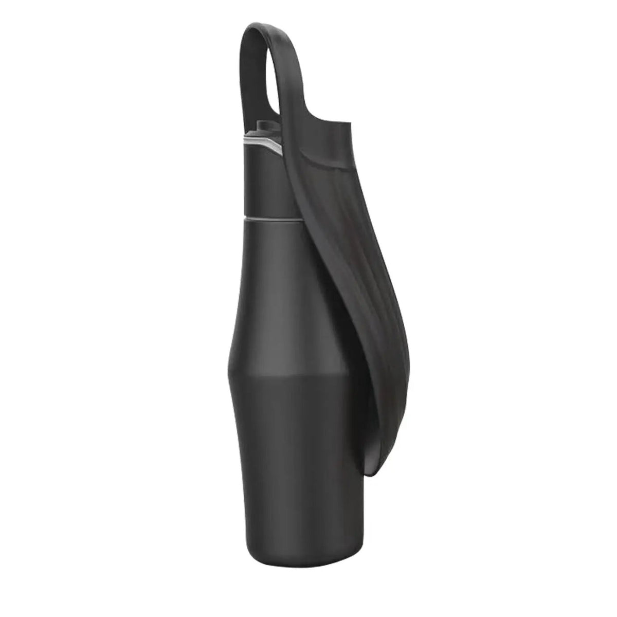 AdTec black portable dog water bottle with soft silicone sleeve and strap handle
