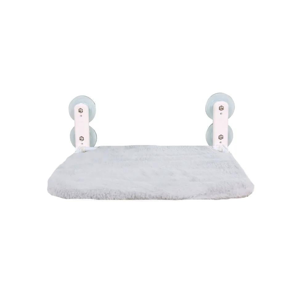 Cat window hammock with plush gray cushion and blue suction cups