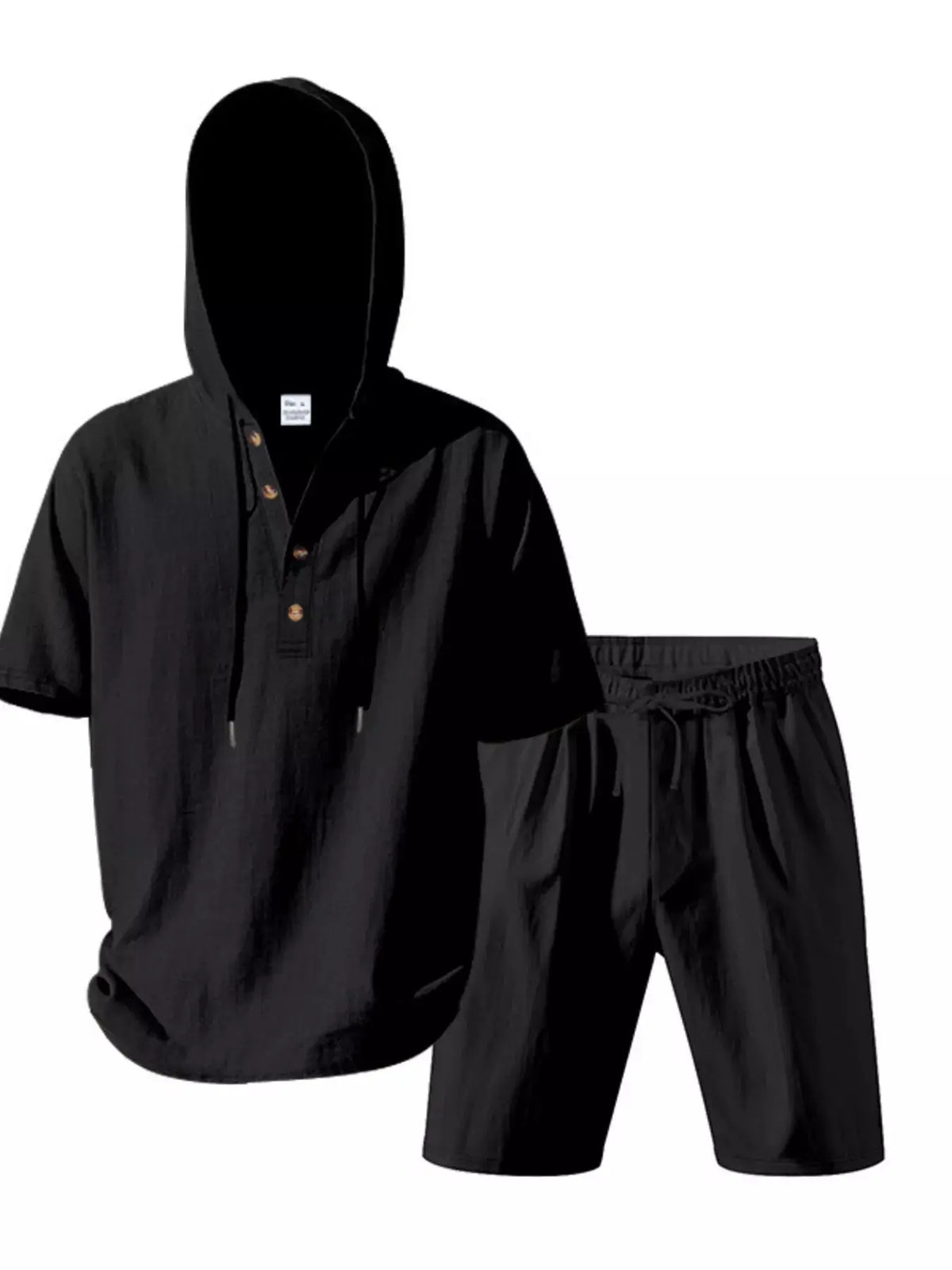 Mens linen-blend hooded top and shorts two-piece set in black