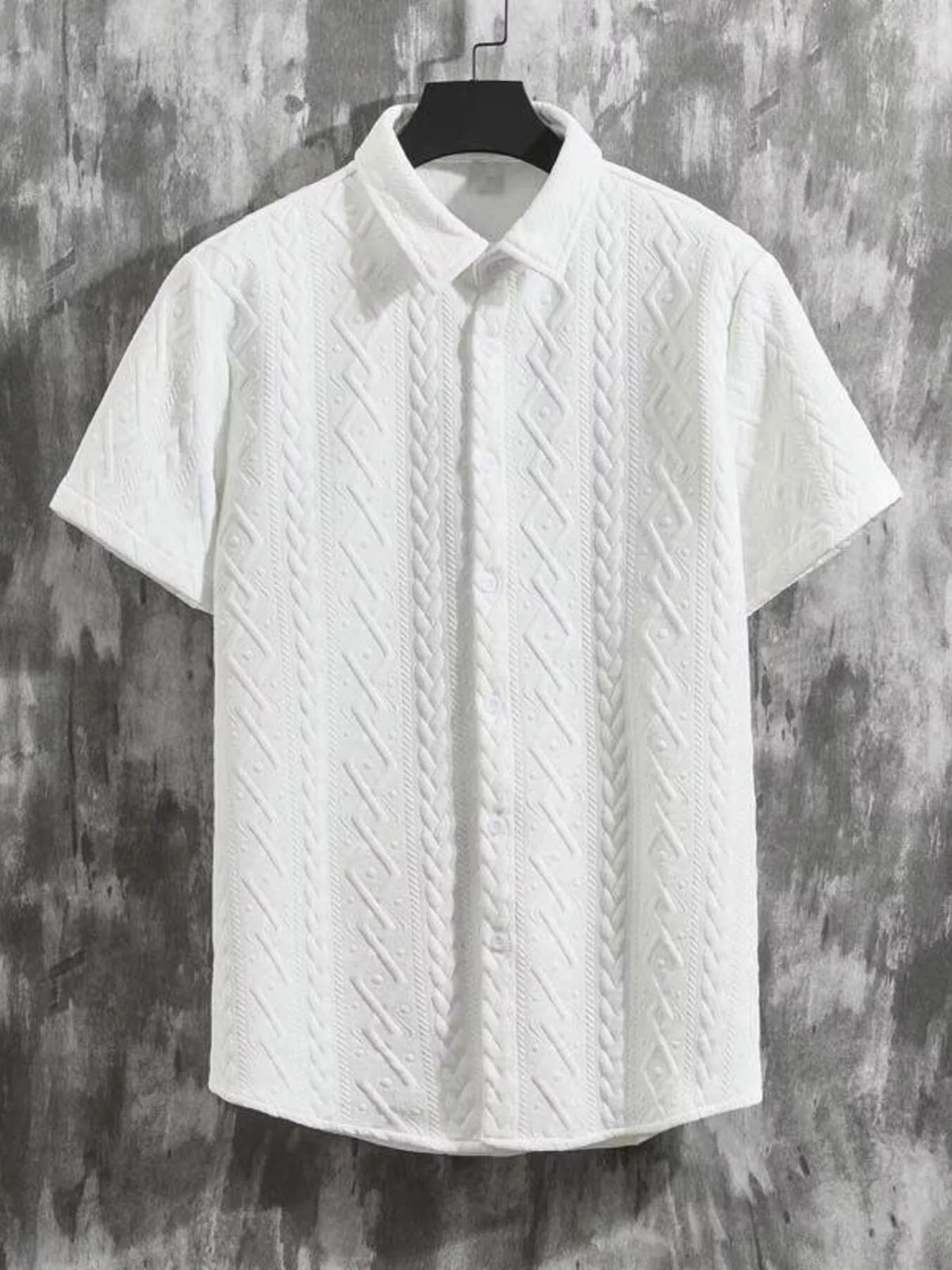 Men's white textured knit short-sleeve polo shirt with cable-knit pattern