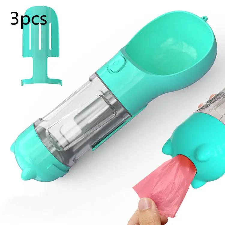Pet water bottle feeder with turquoise bowl, 3-in-1 design for outdoor dog travel