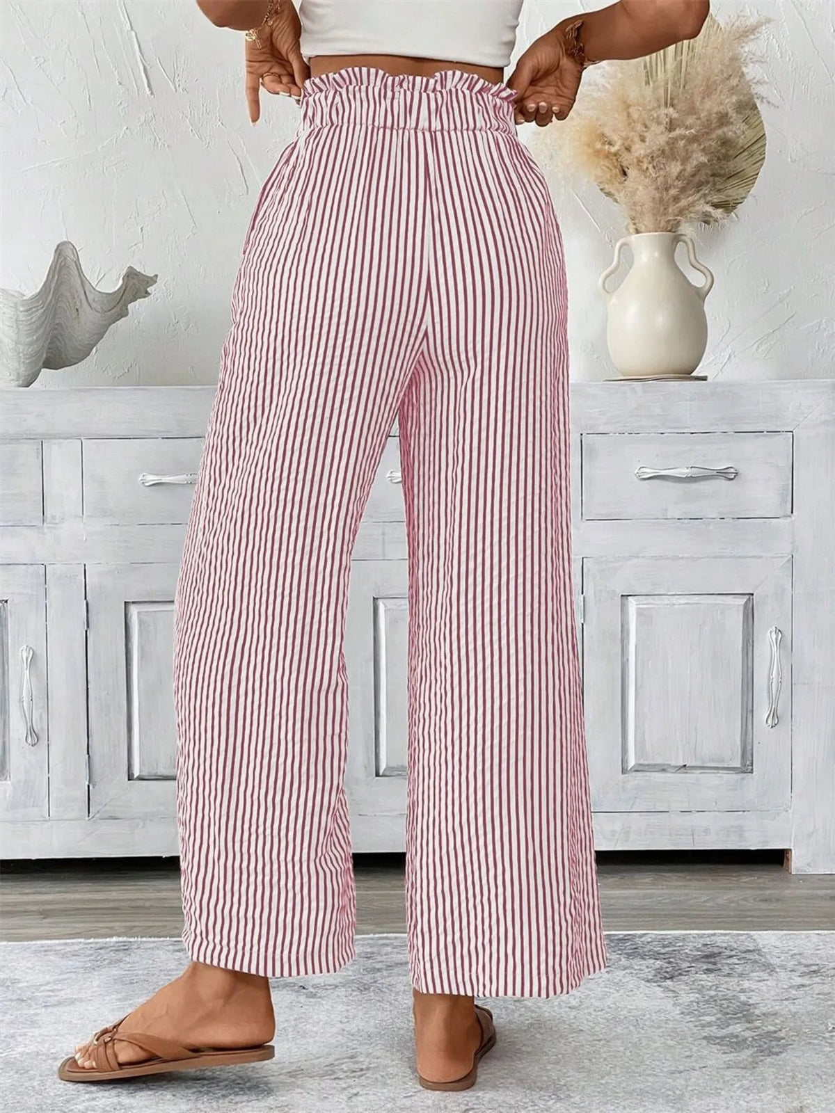 Trendsi plus-size striped wide-leg Palazzo pants with paper bag waist and pockets