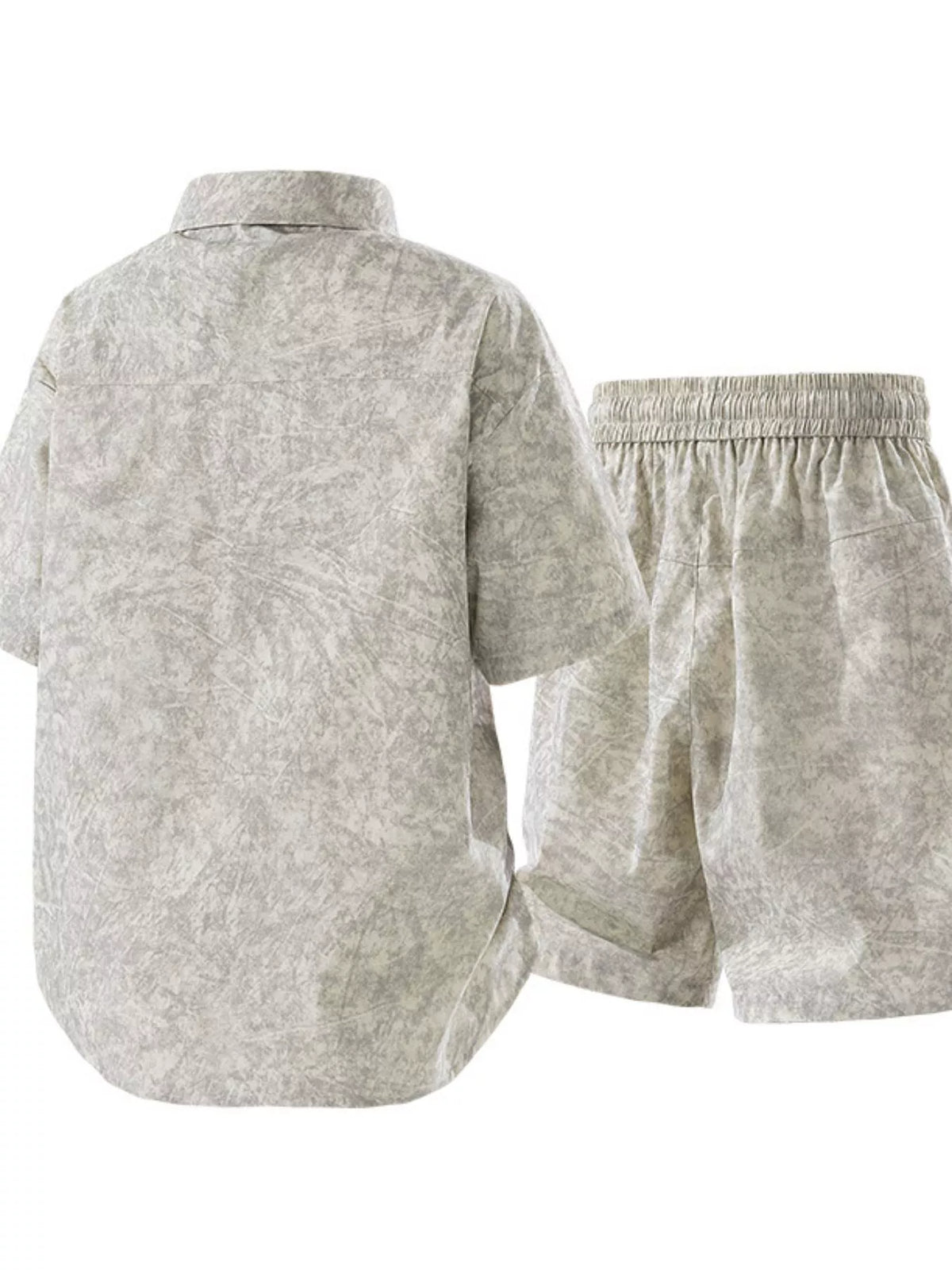Men's Plus Size Lightweight Textured Short Sleeve Shirt and Shorts Set in gray with drawstring shorts.