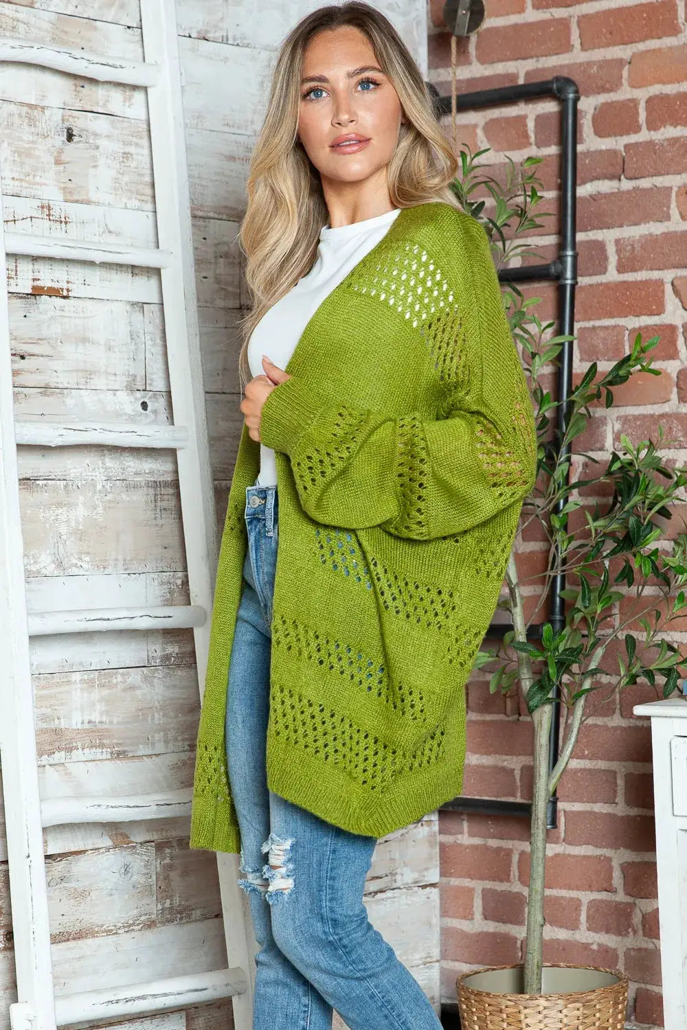 Openwork open-front cardigan by Trendsi in lime green acrylic, long sleeves.
