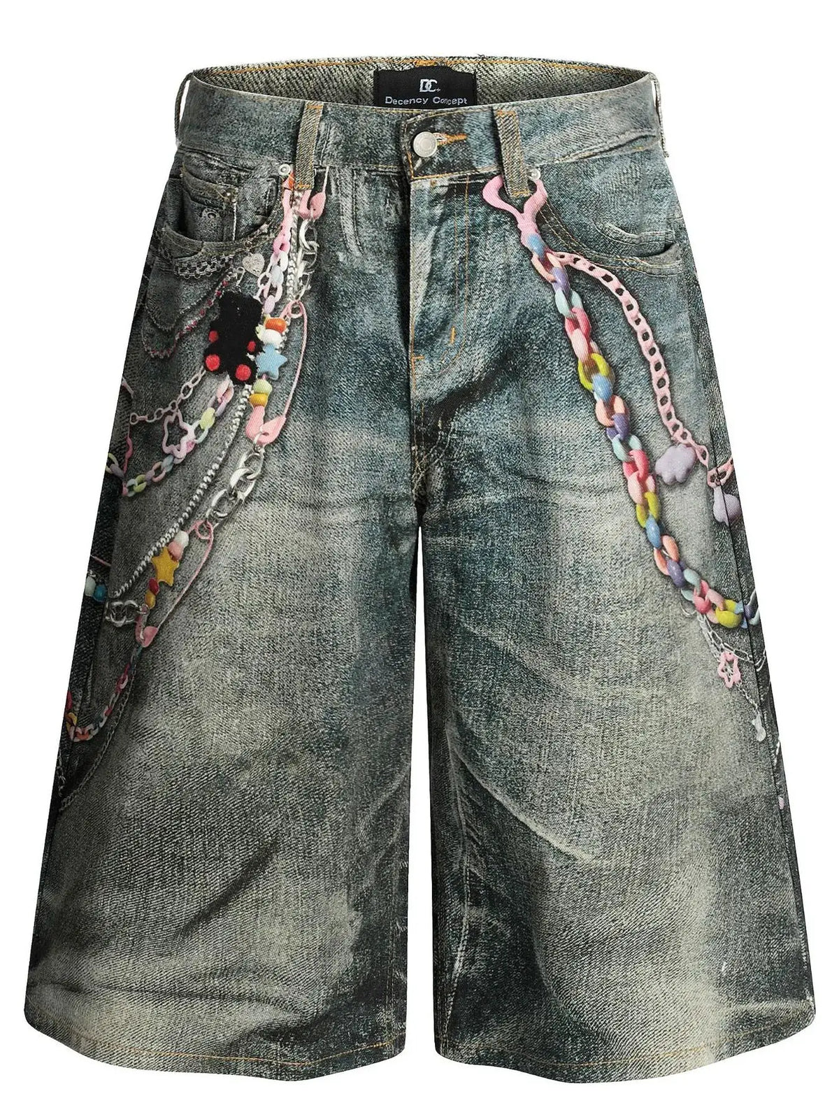 Men's wide-leg denim shorts with chain detail, blue stone-washed cotton-spandex, Trendsi.